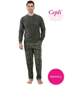 Erkek 3 Düğme Göğüs Cepli Kışlık Pamuklu Selanik Kumaş Uzun Manşetli Kol Cepli Pijama Takımı thumbnail 10