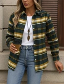 MDB Kadın Uzun Kollu Kare Desenli önden Düğmeli Dokuma Gömlek thumbnail 1