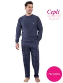 Erkek 3 Düğme Göğüs Cepli Kışlık Pamuklu Selanik Kumaş Uzun Manşetli Kol Cepli Pijama Takımı thumbnail 2