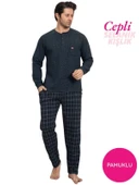 Erkek 3 Düğme Göğüs Cepli Kışlık Pamuklu Selanik Kumaş Uzun Manşetli Kol Cepli Pijama Takımı thumbnail 11