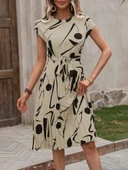 Kadın Kısa Yarasa Kollu Yuvarlak Yaka Beli Büzgülü Süprem Elbise thumbnail 3