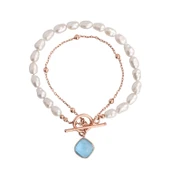 Turkuaz Taşlı Rose Altın Kaplama İncili Dolamalı Gümüş Bileklik - 1