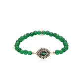 Zirkon Taşlı Pırlanta Montür Rose Altın Kaplama Yeşil Boncuklu Göz Desenli Gümüş Strech Bileklik - 1