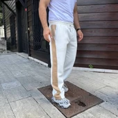 Erkek Üç İplik Kışlık Pamuklu Yandan Garneli Kalın Bej Şeritli Cepli Eşofman Altı - Beyaz thumbnail 2