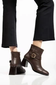 Kadın Kahverengi Küt Burun Tokalı Topuklu Bot - 1
