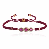 Zirkon Taşlı Pırlanta Montür Rose Altın Kaplama Kırmızı İpli Yuvarlak Damla Taşlı Gümüş Makrome Bileklik - 1