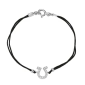 Zirkon Taşlı Pırlanta Montür Gümüş Rengi Kaplama Siyah İpli At Nalı Bileklik - 1