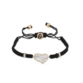 Zirkon Taşlı Pırlanta Montür Rose Altın Kaplama Siyah İpli Sedefli Kalp Gümüş Makrome Bileklik - 1