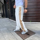 Erkek Üç İplik Kışlık Pamuklu Yandan Garneli Kalın Bej Şeritli Cepli Eşofman Altı - Beyaz thumbnail 3