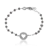 Zirkon Taşlı Pırlanta Montür Gümüş Rengi Altın Kaplama Boncuklu Kalp Gümüş Bileklik - 1