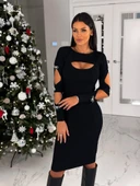 Kadın Dekolte Detaylı Scuba Dalgıç Kumaş Taş Aksesuarli Elbise thumbnail 4