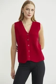Selanik Örgü Düğmeli Yünlü Triko Yelek - Kırmızı thumbnail 3