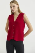 Selanik Örgü Düğmeli Yünlü Triko Yelek - Kırmızı thumbnail 4