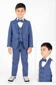 Erkek Çocuk Mavi Yelekli Takım Elbise 5’li Set – Ceket, Yelek, Pantolon, Gömlek ve Papyon – Özel Gün Şıklığı - 1