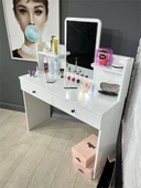 Makyaj Masası Aynalı Tuvalet Masası 2 Çekmeceli Takı Düzenleyici ve Raflı Organizer Beyaz 104 cm thumbnail 7