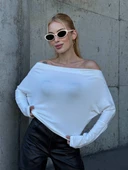 Yarasa Kol Geniş Yaka Siyah Bluz Bol Kesim Likralı Kumaş Düşük Omuz Üst thumbnail 7