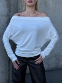 Yarasa Kol Geniş Yaka Siyah Bluz Bol Kesim Likralı Kumaş Düşük Omuz Üst thumbnail 1