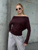 Yarasa Kol Geniş Yaka Siyah Bluz Bol Kesim Likralı Kumaş Düşük Omuz Üst thumbnail 11