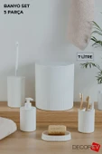 5 Parça Modern Çizgili Banyo Seti – Sabunluk, Sıvı Sabunluk, Diş Fırçalık, Tuvalet Fırçası ve Çöp Kovası (Beyaz) DC-6762 thumbnail 1