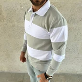 Erkek Polo Yaka Uzun Kollu Çizgili Sweatshirt Trend Rugby Stil - Mint Yeşili thumbnail 4