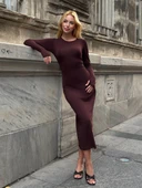 Abiye Uzun Kollu Fit Kalıp Elbise Yuvarlak Yaka Likralı Kumaş Midi Boy thumbnail 5