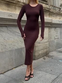 Abiye Uzun Kollu Fit Kalıp Elbise Yuvarlak Yaka Likralı Kumaş Midi Boy thumbnail 6