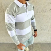 Erkek Polo Yaka Uzun Kollu Çizgili Sweatshirt Trend Rugby Stil - Mint Yeşili thumbnail 3