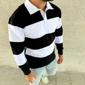 Erkek Polo Yaka Uzun Kollu Çizgili Sweatshirt Trend Rugby Stil - Siyah thumbnail 3