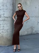 Kadın Yarım Balıkçı Yaka Kısa Kol Midi Elbise Vücudu Saran Fit Basic Elbise thumbnail 7