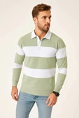 Erkek Polo Yaka Uzun Kollu Çizgili Sweatshirt Trend Rugby Stil - Mint Yeşili thumbnail 1