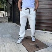 Erkek Üç İplik Kışlık Pamuklu Yandan Garneli Kalın Şeritli Cepli Eşofman Altı - Beyaz thumbnail 5