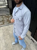 Erkek Diagonal Kumaş Cepli Çıtçıtlı uzun Kollu, Gömlek Oversize Rahat Kalıp Günlük Şık Stil - Gri thumbnail 3