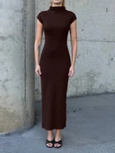 Kadın Yarım Balıkçı Yaka Kısa Kol Midi Elbise Vücudu Saran Fit Basic Elbise thumbnail 4