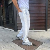 Erkek Üç İplik Kışlık Pamuklu Yandan Garneli Kalın Bej Şeritli Cepli Eşofman Altı - Gri thumbnail 2