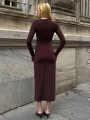 Abiye Uzun Kollu Fit Kalıp Elbise Yuvarlak Yaka Likralı Kumaş Midi Boy thumbnail 3