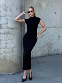 Kadın Yarım Balıkçı Yaka Kısa Kol Midi Elbise Vücudu Saran Fit Basic Elbise thumbnail 9