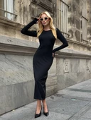 Abiye Uzun Kollu Fit Kalıp Elbise Yuvarlak Yaka Likralı Kumaş Midi Boy thumbnail 9