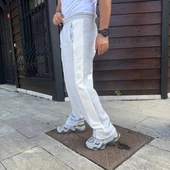 Erkek Üç İplik Kışlık Pamuklu Yandan Garneli Kalın Bej Şeritli Cepli Eşofman Altı - Gri thumbnail 3