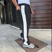 Erkek Üç İplik Kışlık Pamuklu Yandan Garneli Kalın Şeritli Cepli Eşofman Altı - Siyah thumbnail 2