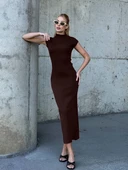 Kadın Yarım Balıkçı Yaka Kısa Kol Midi Elbise Vücudu Saran Fit Basic Elbise thumbnail 2