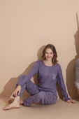 Lindros Kadın Pamuk'lu Düğme Yaka Raporlu İnterlok KIŞLIK Pijama Takımı 05035 - 1 Adet   S - M Mor thumbnail 1