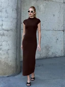 Kadın Yarım Balıkçı Yaka Kısa Kol Midi Elbise Vücudu Saran Fit Basic Elbise thumbnail 5