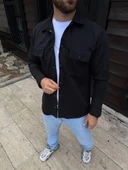 Erkek Diagonal Kumaş Cepli Çıtçıtlı uzun Kollu, Gömlek Oversize Rahat Kalıp Günlük Şık Stil - Siyah thumbnail 4