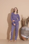 Lindros Kadın Pamuk'lu Düğme Yaka Raporlu İnterlok KIŞLIK Pijama Takımı 05035 - 1 Adet   L Mor thumbnail 3
