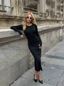 Abiye Uzun Kollu Fit Kalıp Elbise Yuvarlak Yaka Likralı Kumaş Midi Boy thumbnail 8