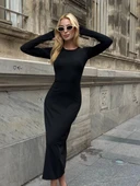 Abiye Uzun Kollu Fit Kalıp Elbise Yuvarlak Yaka Likralı Kumaş Midi Boy thumbnail 12