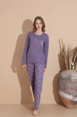 Lindros Kadın Pamuk'lu Düğme Yaka Raporlu İnterlok KIŞLIK Pijama Takımı 05035 - 1 Adet   S - M Mor thumbnail 4