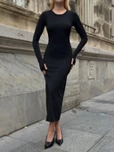 Abiye Uzun Kollu Fit Kalıp Elbise Yuvarlak Yaka Likralı Kumaş Midi Boy thumbnail 10