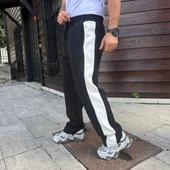 Erkek Üç İplik Kışlık Pamuklu Yandan Garneli Kalın Şeritli Cepli Eşofman Altı - Siyah thumbnail 3