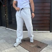 Erkek Üç İplik Kışlık Pamuklu Yandan Garneli Kalın Bej Şeritli Cepli Eşofman Altı - Gri thumbnail 4